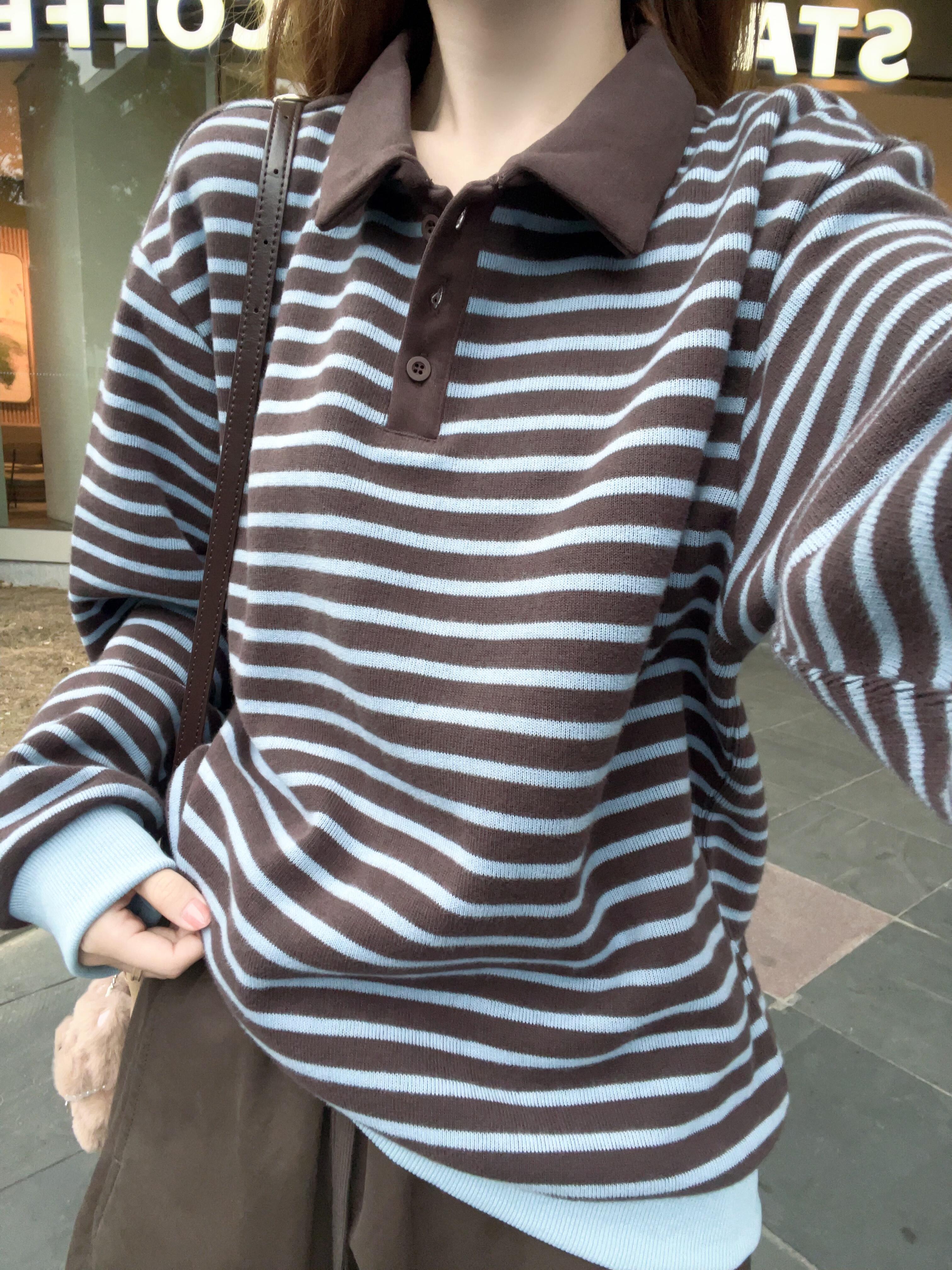 翻领条纹毛衣女秋冬新款复古百搭撞色宽松韩系高级感长袖针织上衣