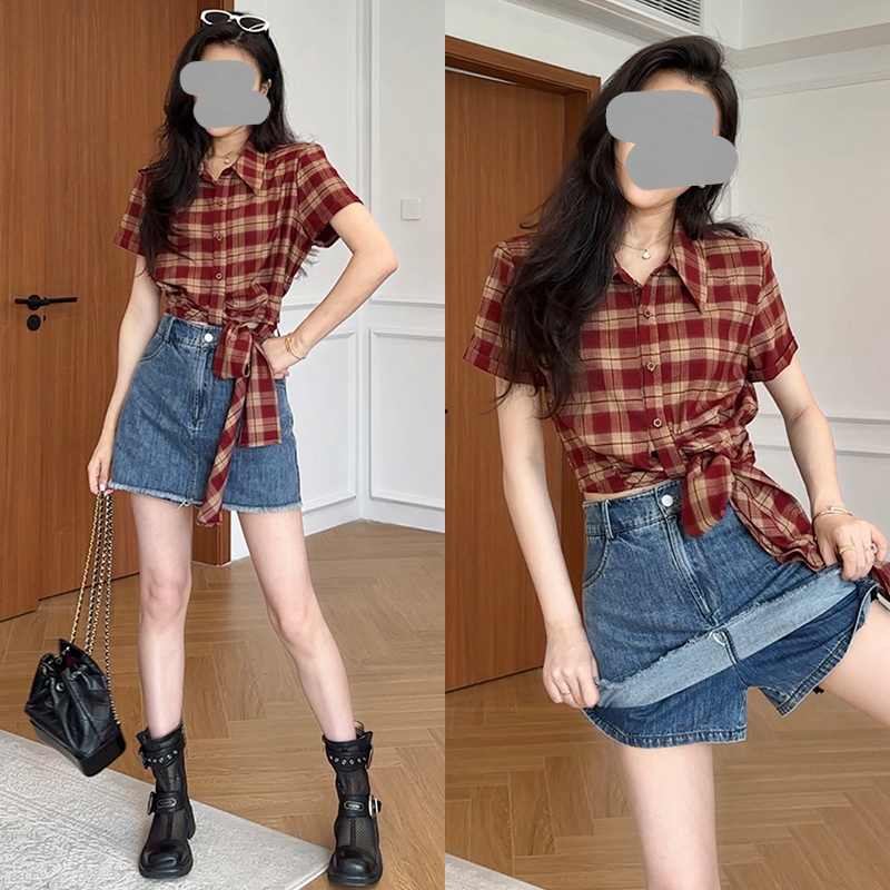 洋气质减龄高级感时尚套装女夏装港风格子衬衫穿搭半身裙裤两件套