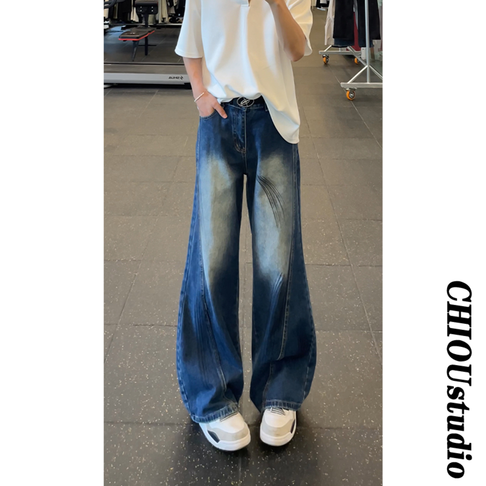 扎染水洗美式高街弯刀牛仔裤男款潮牌痞帅显高显瘦微喇阔腿裤子男