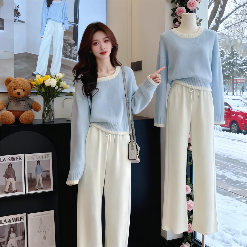 气质温柔巨好看蓝色毛衣女秋冬高级感韩系宽松针织衫内搭外穿上衣