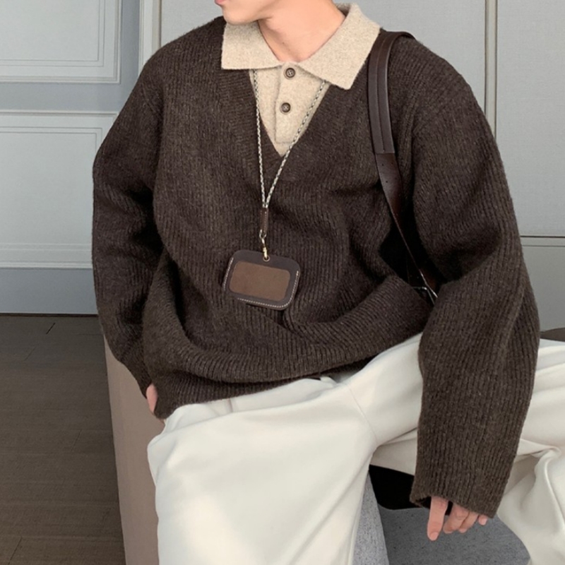 2025秋冬季氛围感韩版高级感假两件痞帅针织毛衣气质男士长袖上衣
