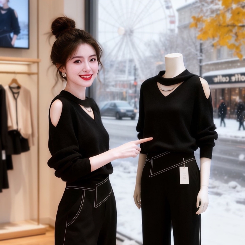 大码轻熟风黑色镂空露肩挂脖毛衣针织衫女秋冬宽松内搭打底衫上衣