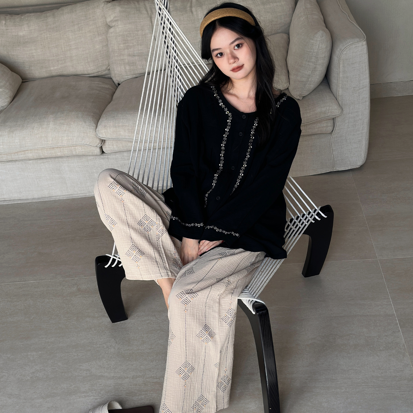 及好25年新款睡衣女春秋季纯棉棉纱黑色长袖可外穿家居服秋冬套装