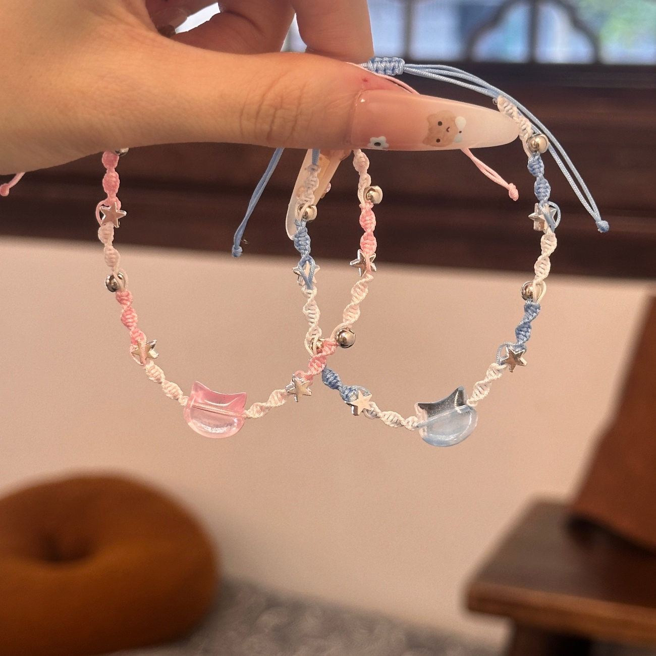 非金属布艺手链 少女KT猫渐变色手链星星编织情侣闺蜜手绳送女友