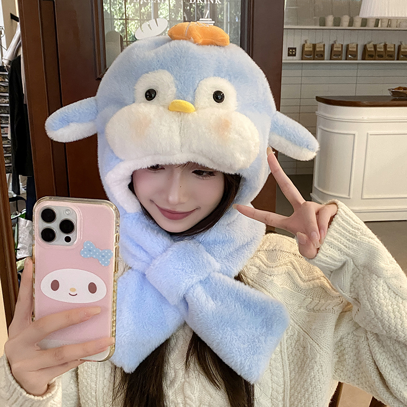 卡通企鹅小鱼可爱冬季毛绒帽子围巾一体学生女加绒加厚防寒保暖帽