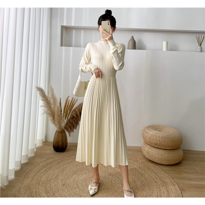 长款气质打底毛衣裙女秋冬新款高腰针织半高领连衣裙内搭长裙冬季