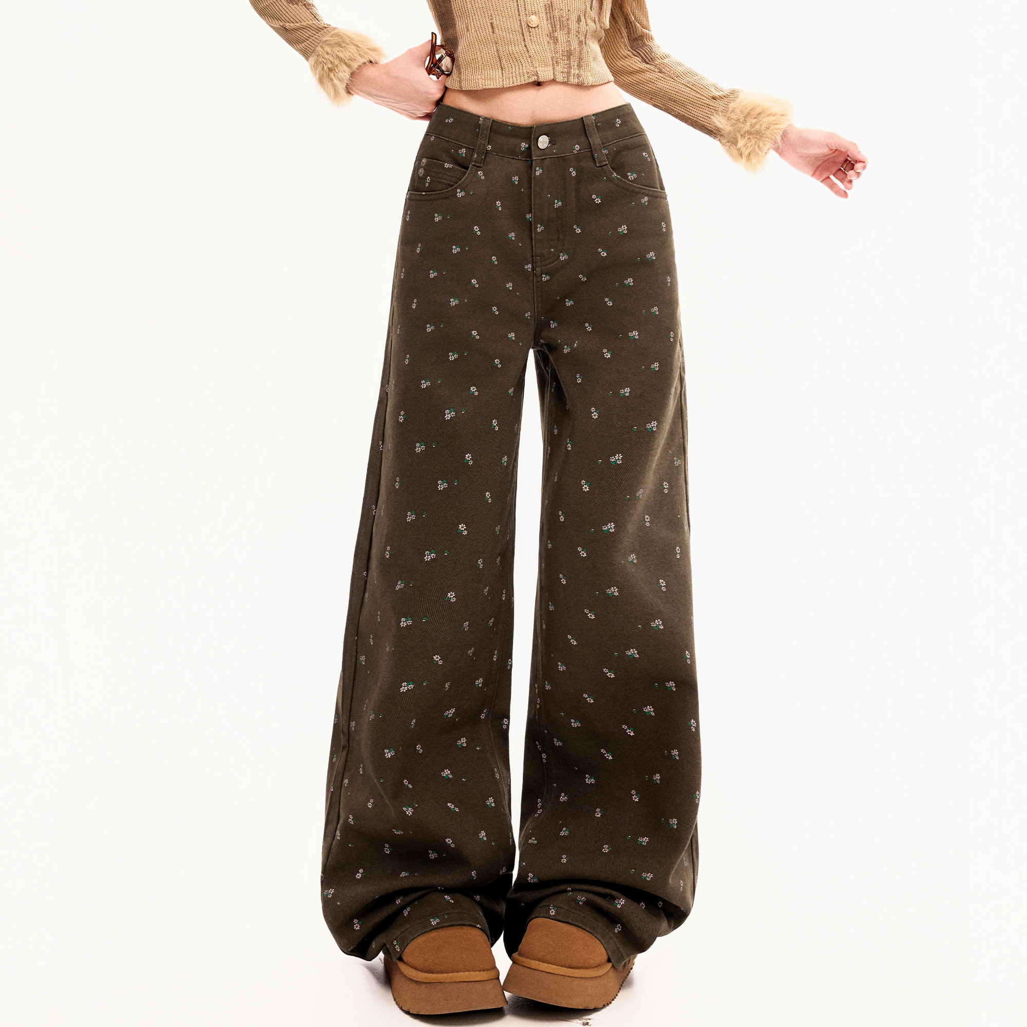 美拉德棕色复古碎花牛仔裤女秋冬新款宽松显瘦阔腿直筒显瘦拖地裤