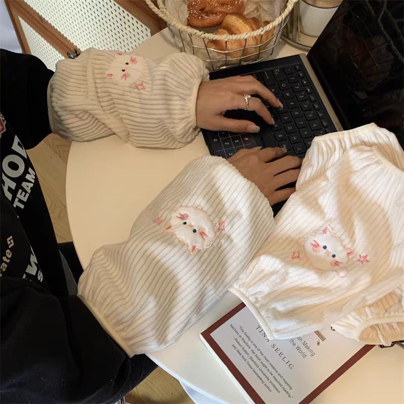 可爱猫咪袖套女秋冬衣服防脏办公室卡通护袖学生纯色套袖长款HR