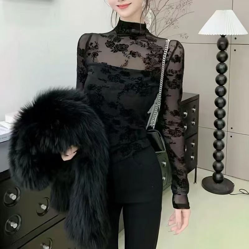 【早秋新款】2025微透长袖打底衫性感内搭半高领蕾丝衫女修身显瘦