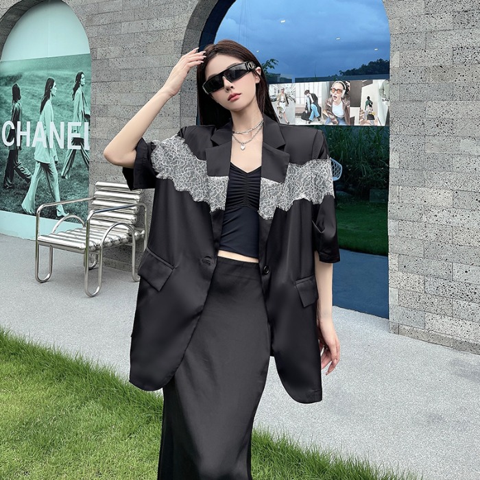 网红款小众设计个性蕾丝拼接西装外套女时尚百搭夏季薄款短袖西服