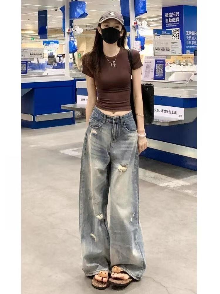 美式复古蓝破洞阔腿牛仔裤女2025春夏新款高腰直筒显瘦宽松拖地裤