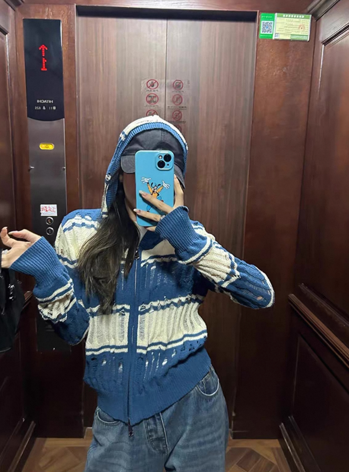 条纹针织衫连帽开衫女长袖破洞拉链外套上衣#8611