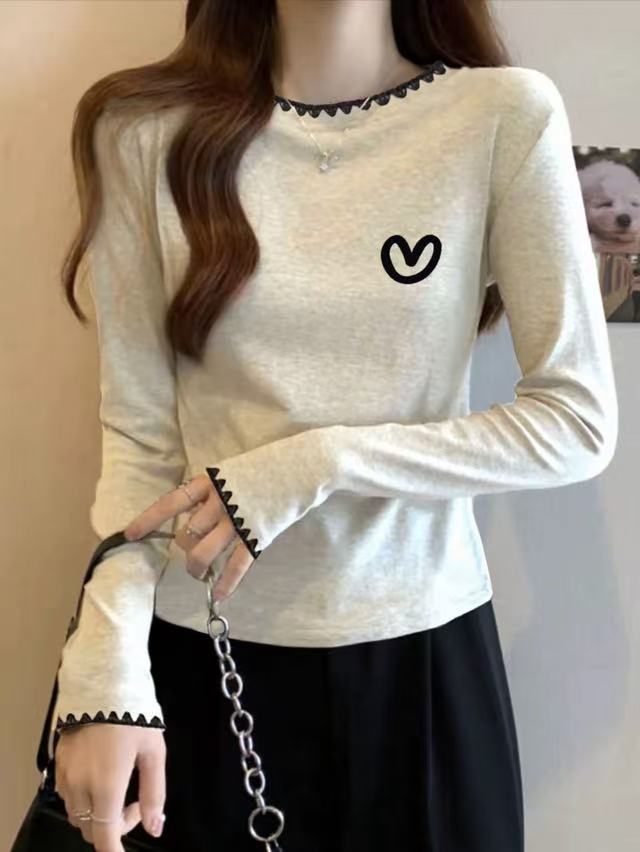 2025秋季新款撞色圆领正肩长袖t恤女韩版显瘦百搭时尚上衣打底衫