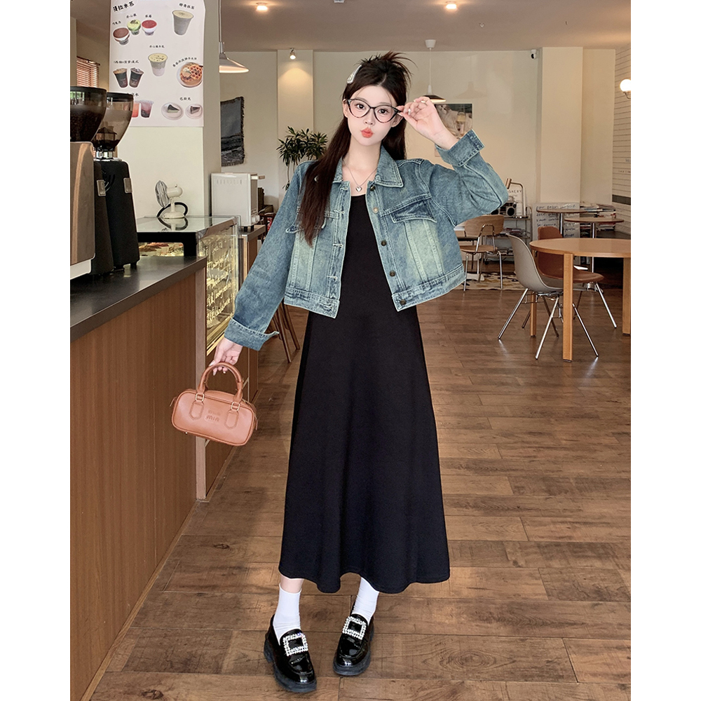 清2025秋季胖mm大码复古设计感牛仔外套吊带裙两件套65499+63701