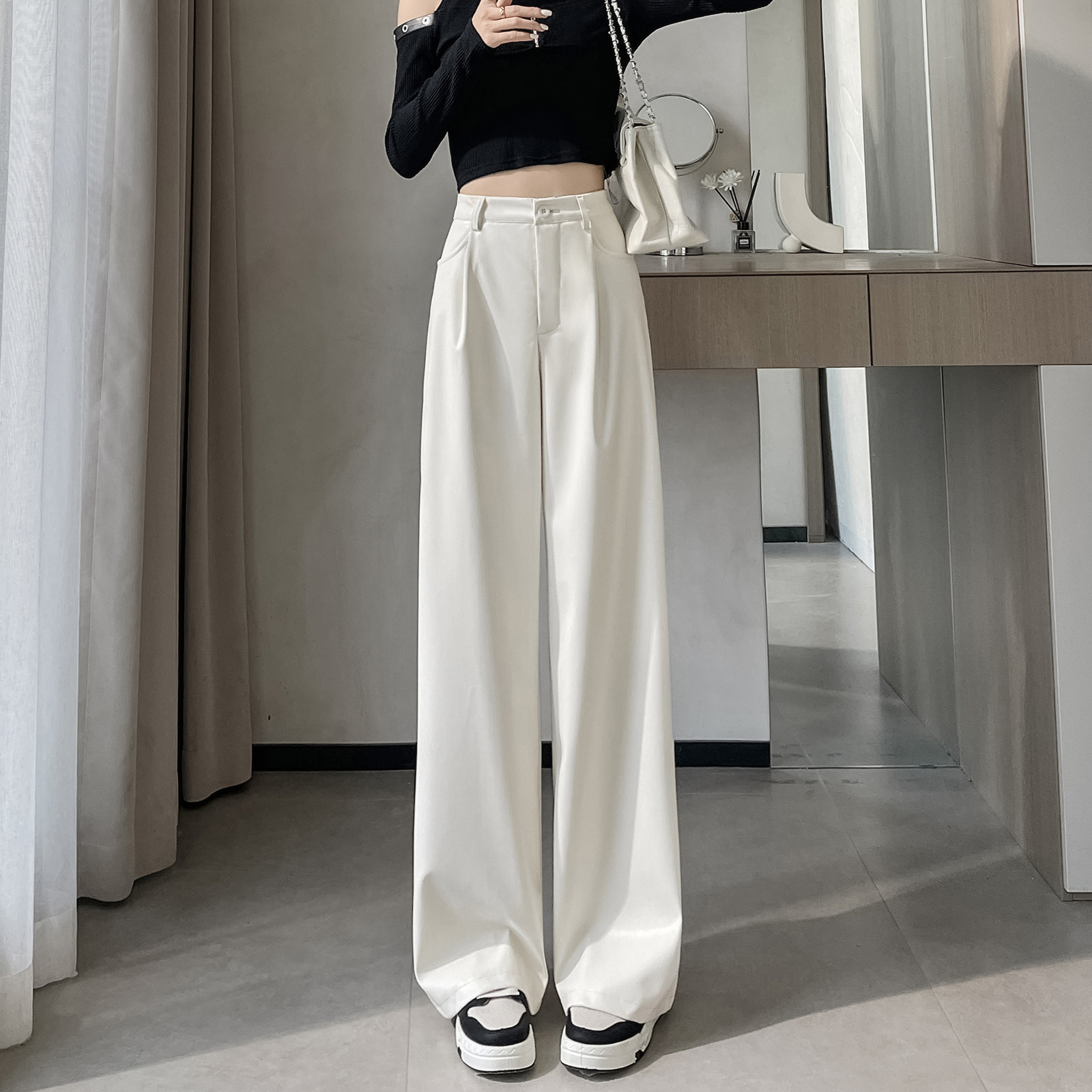 加绒PU皮裤女款秋冬宽松休闲阔腿裤高腰显瘦小个子直筒拖地裤子