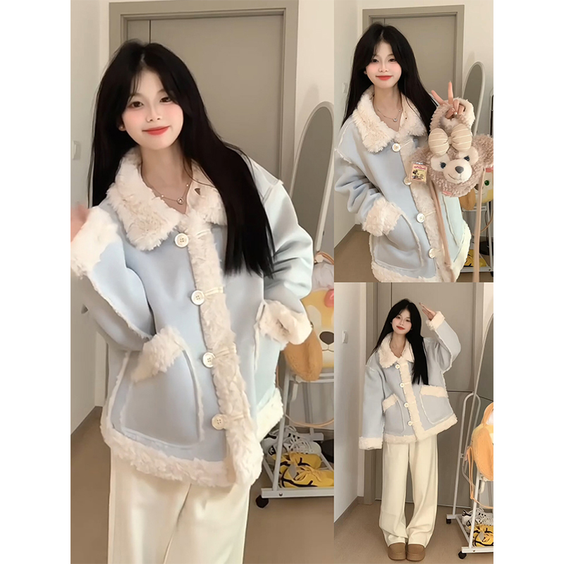 蓝色羊羔绒厚外套女秋冬季2025新爆款韩系棉服皮毛一体加绒羊羔绒