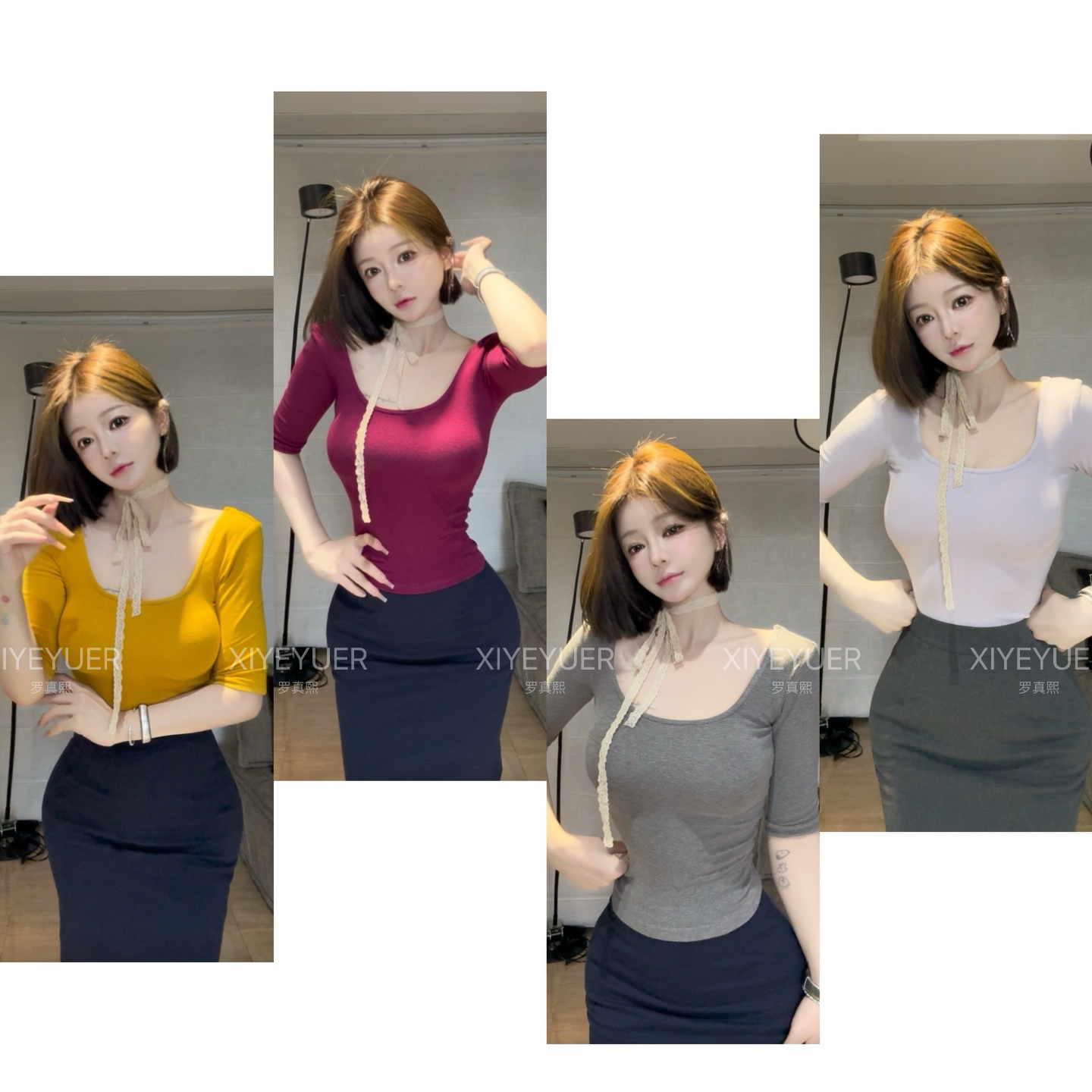 希野逸儿/单品王六色上衣 2025夏季新款t恤女修身U领中袖款女