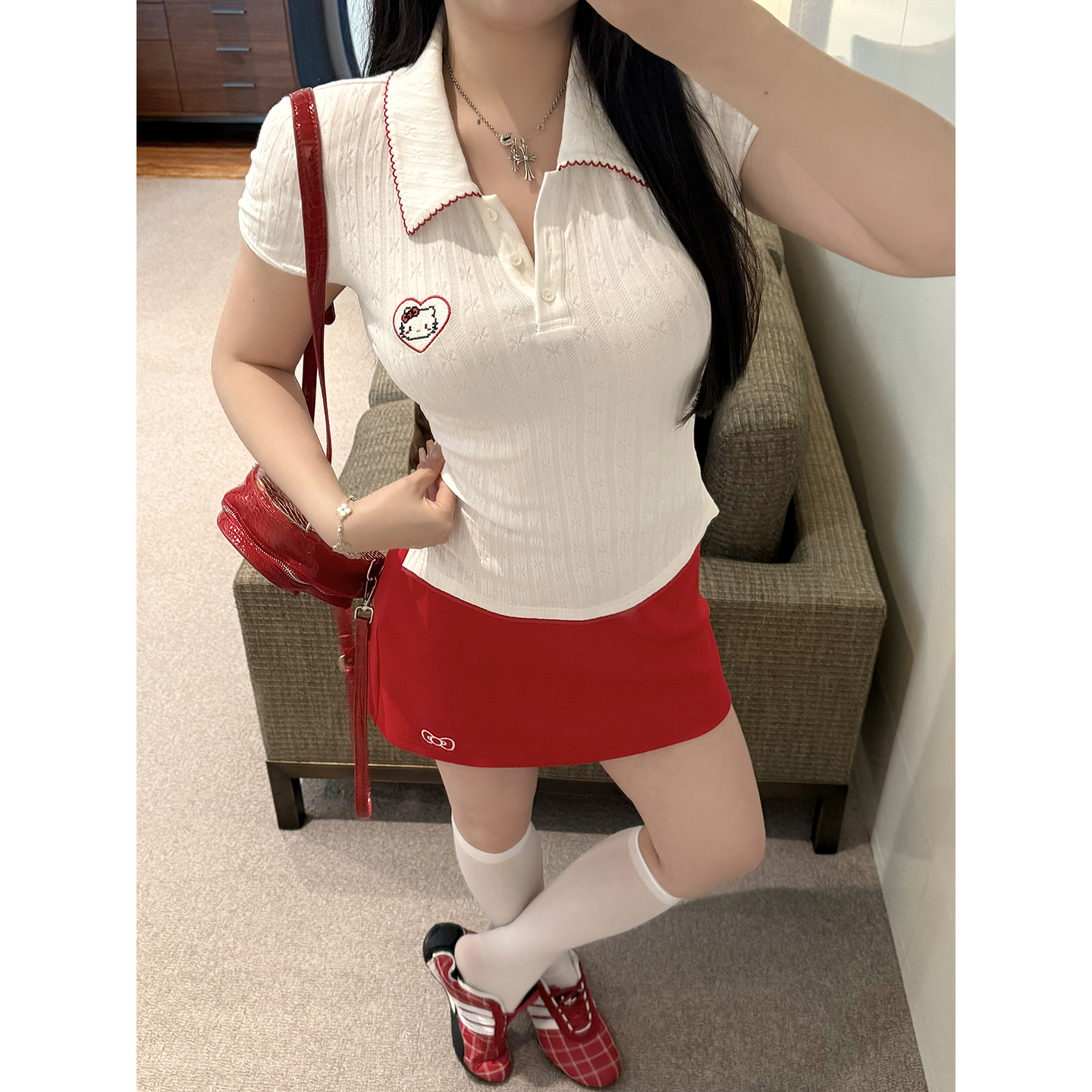 黑泽玄七「缪系自习生」夏季显瘦学院套装KT polo衫&带裤里小红裙