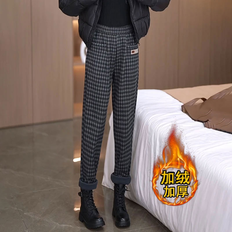 La babite休闲裤2025秋冬新款加绒宽松休闲格子直筒哈伦老爹裤