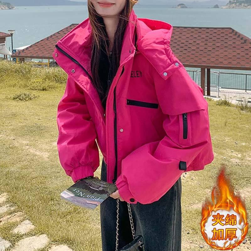 美式高级感纯色冲锋衣外套女2025年秋冬季新款夹绵加厚工装派克服