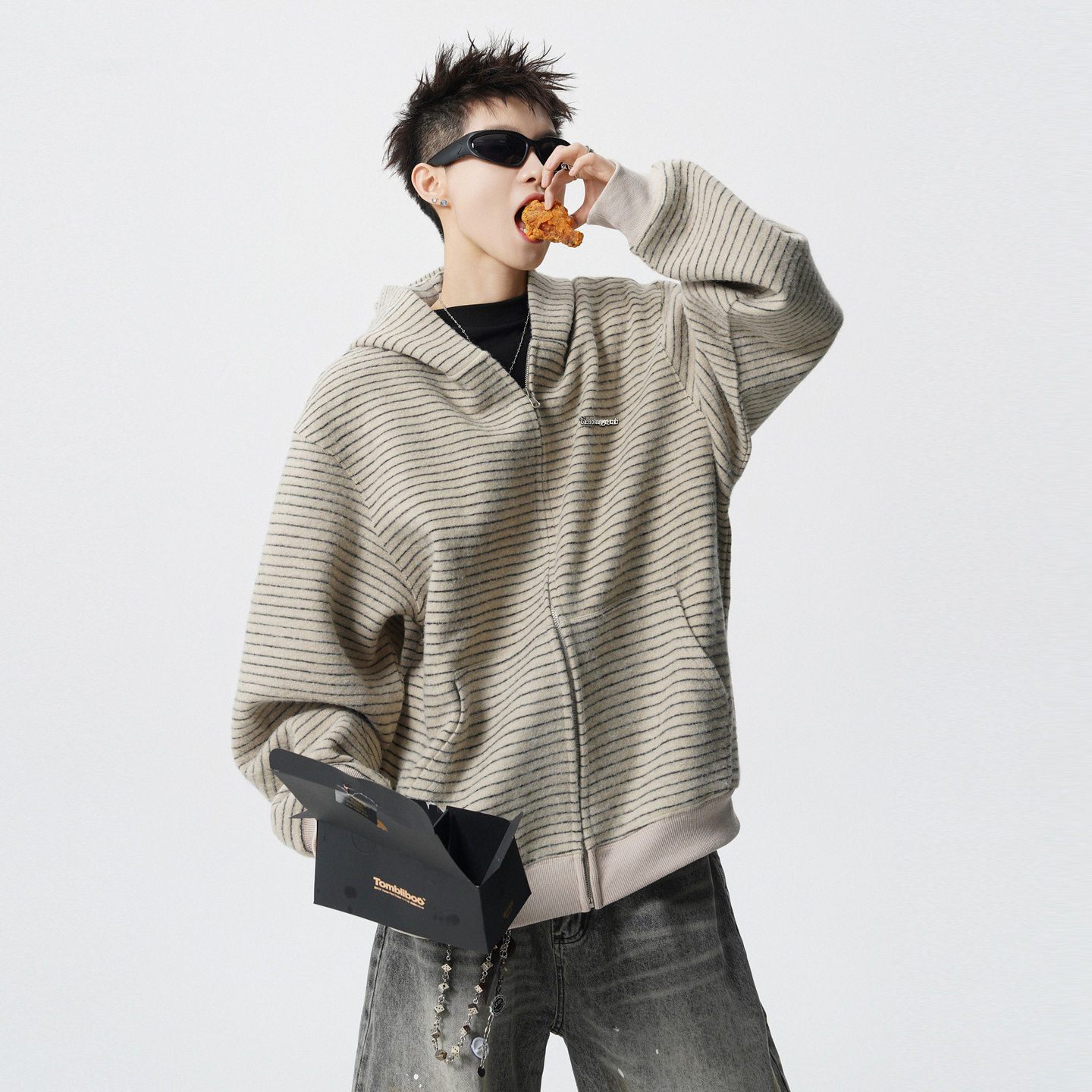 美式重磅条纹连帽卫衣男女潮牌宽松复古休闲秋冬情侣开衫夹克外套