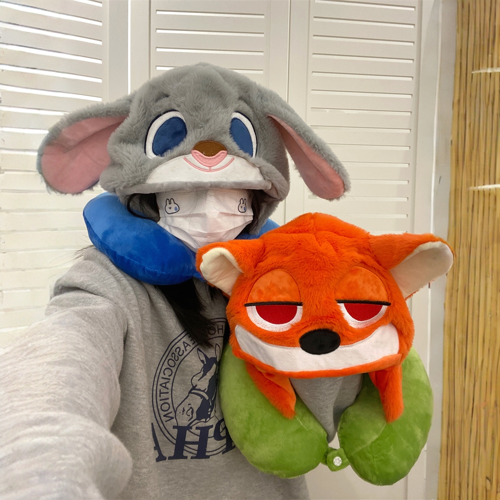 尼克朱迪同款毛绒U型枕连帽可爱卡通情侣款午睡旅行便携睡觉护颈