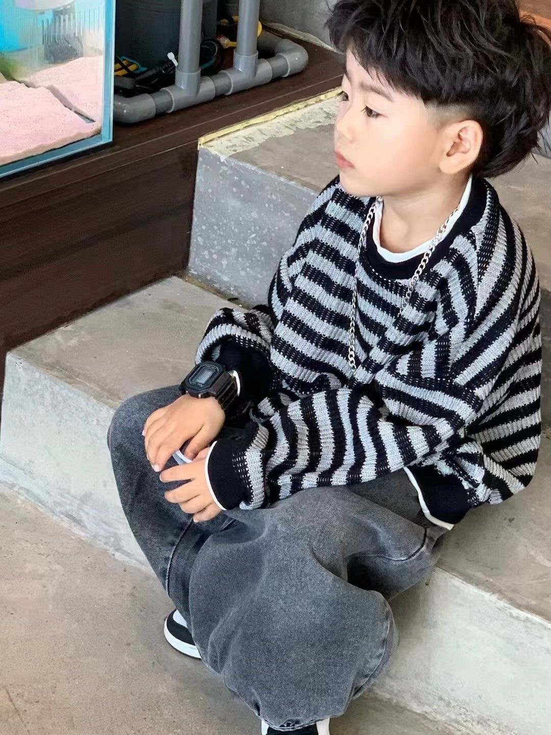 韩版男童春秋新款2025套装条纹卫衣牛仔长裤儿童洋气休闲两件套潮