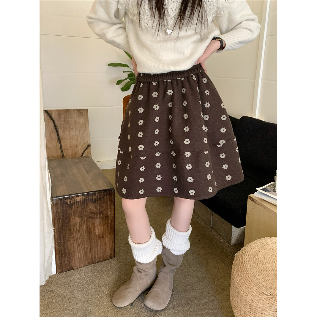 复古加厚碎花毛呢半身裙女秋冬大码女装高腰百搭显廋蓬蓬A字短裙