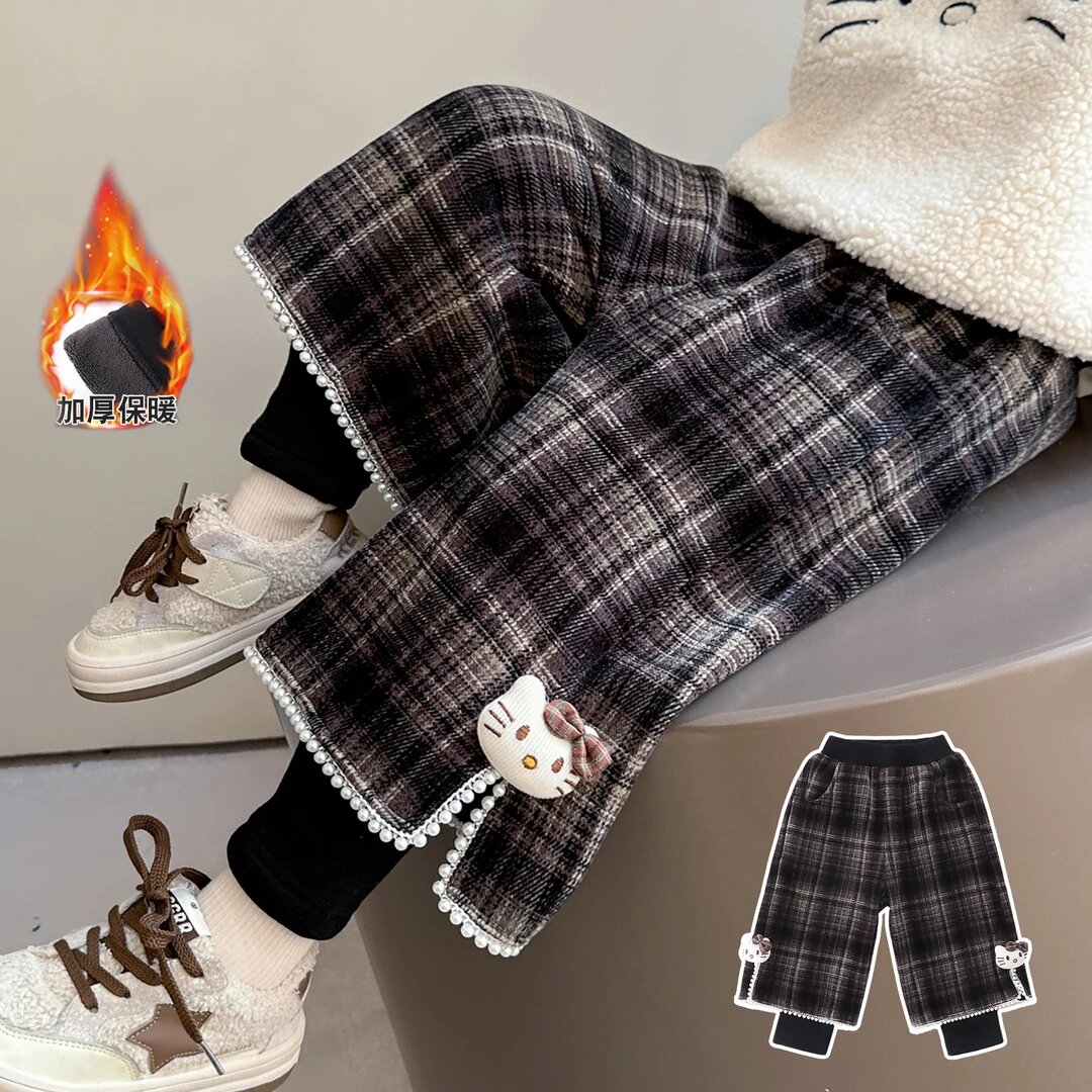 【一条过冬】女童假两件加绒格子裤秋冬新款儿童阔腿裤