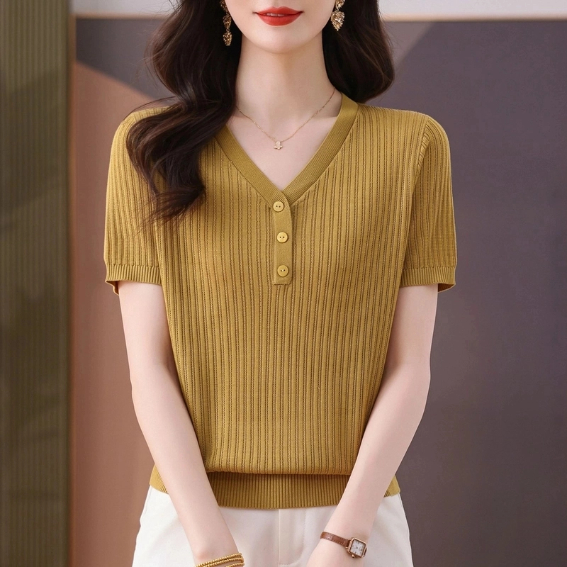 莱赛尔天丝夏季纯色薄款短袖V领T恤洋气百搭时尚针织宽松显瘦女装