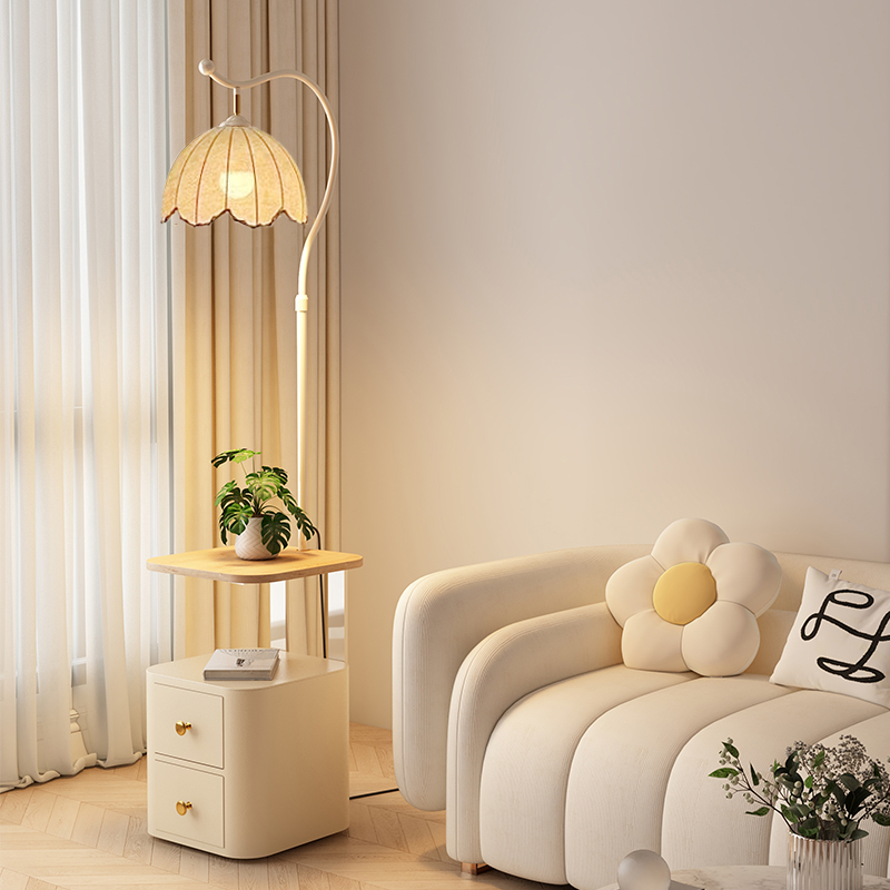 床头柜落地灯奶油风卧室床头客厅中古风黑白灰高级感置物抽屉灯