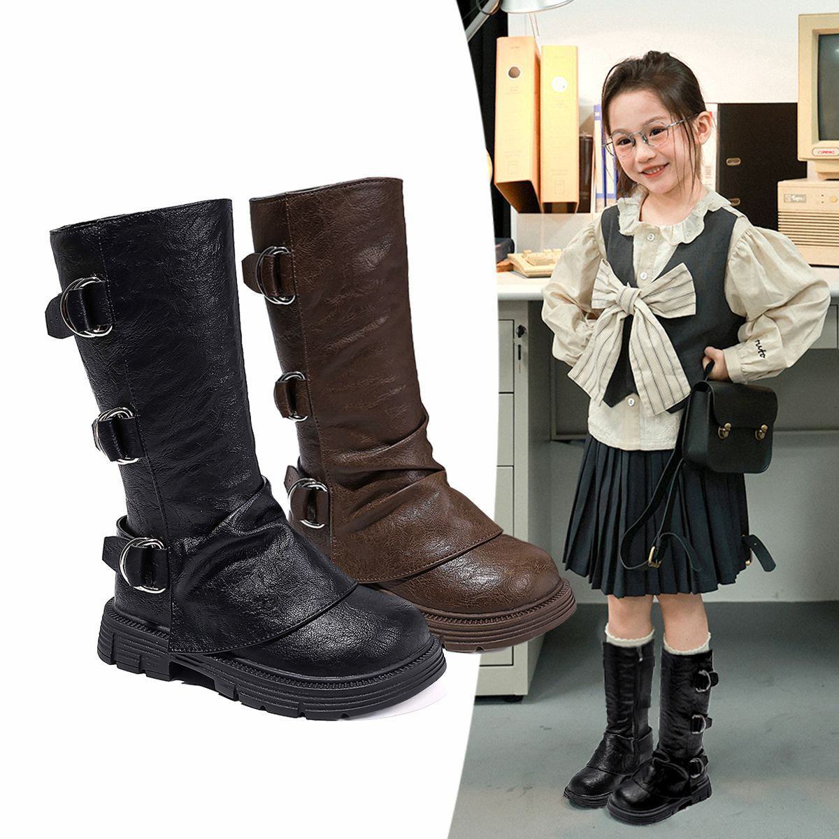 女童高筒堆堆靴2025新款秋冬加绒长筒靴儿童骑士裤管靴英伦风潮靴