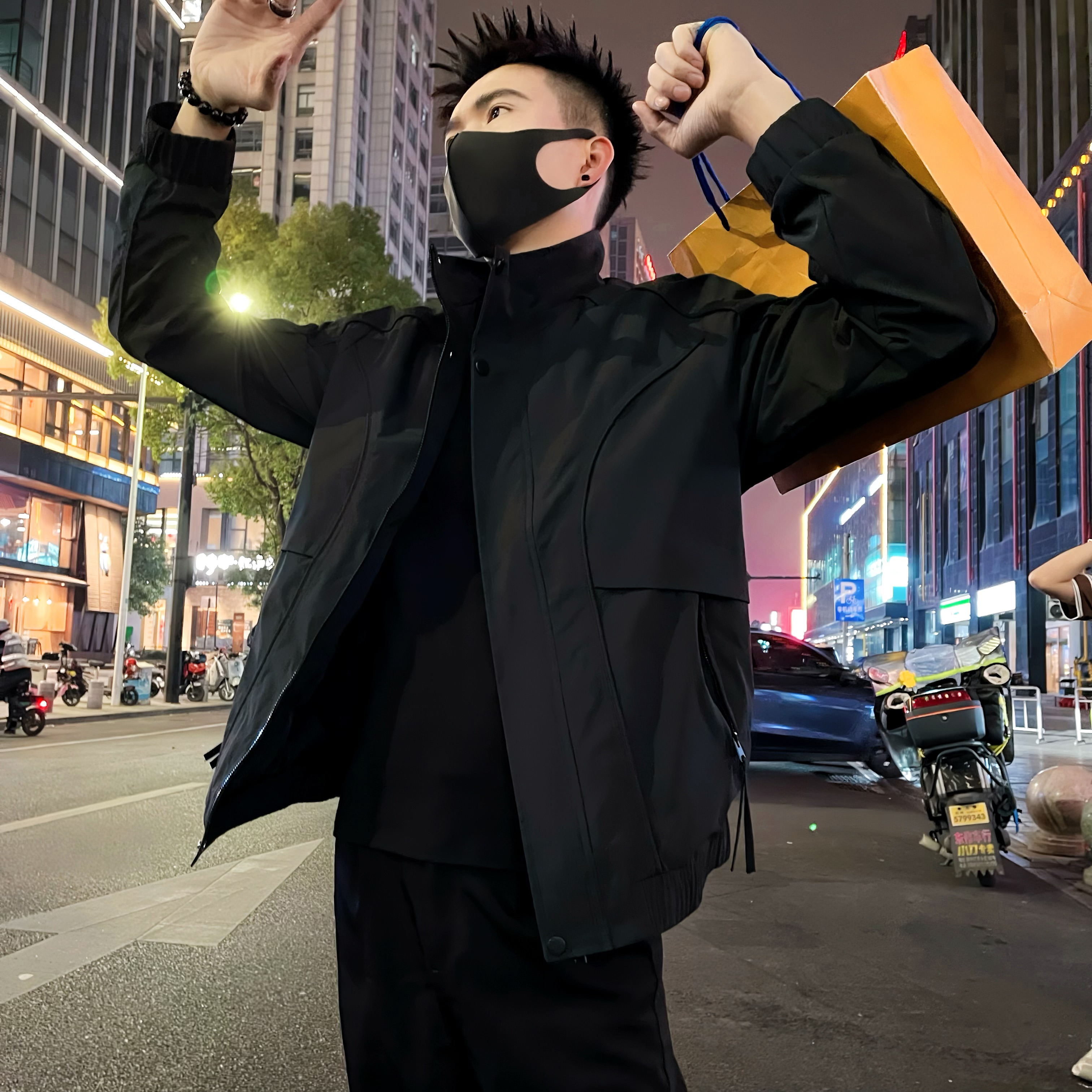 黑色外套男秋冬季潮牌痞帅上衣服百搭休闲加棉夹克高级感男装褂子