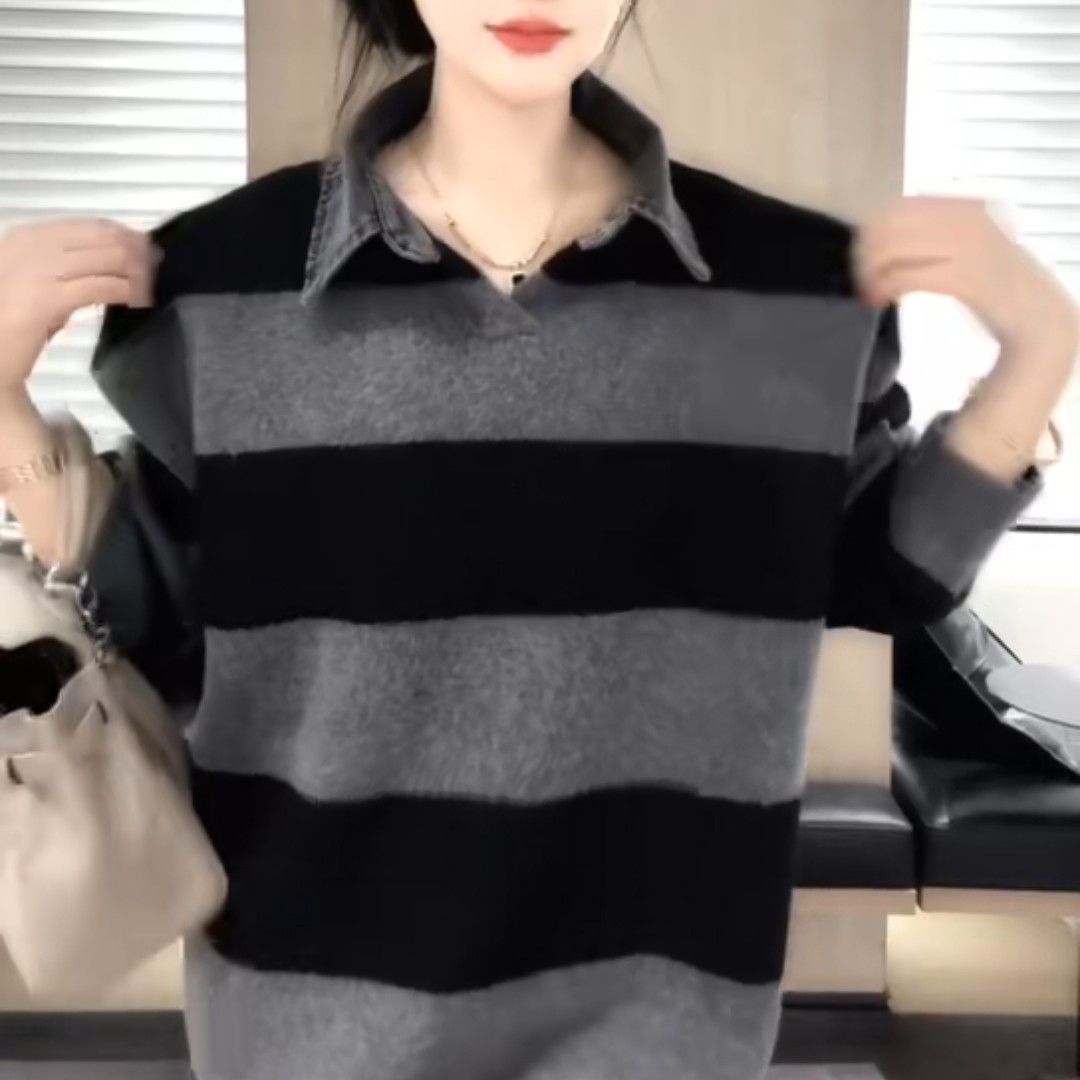 125慵懒风宽松POLO领条纹针织衫欧洲站2025秋新百搭套头毛衣潮