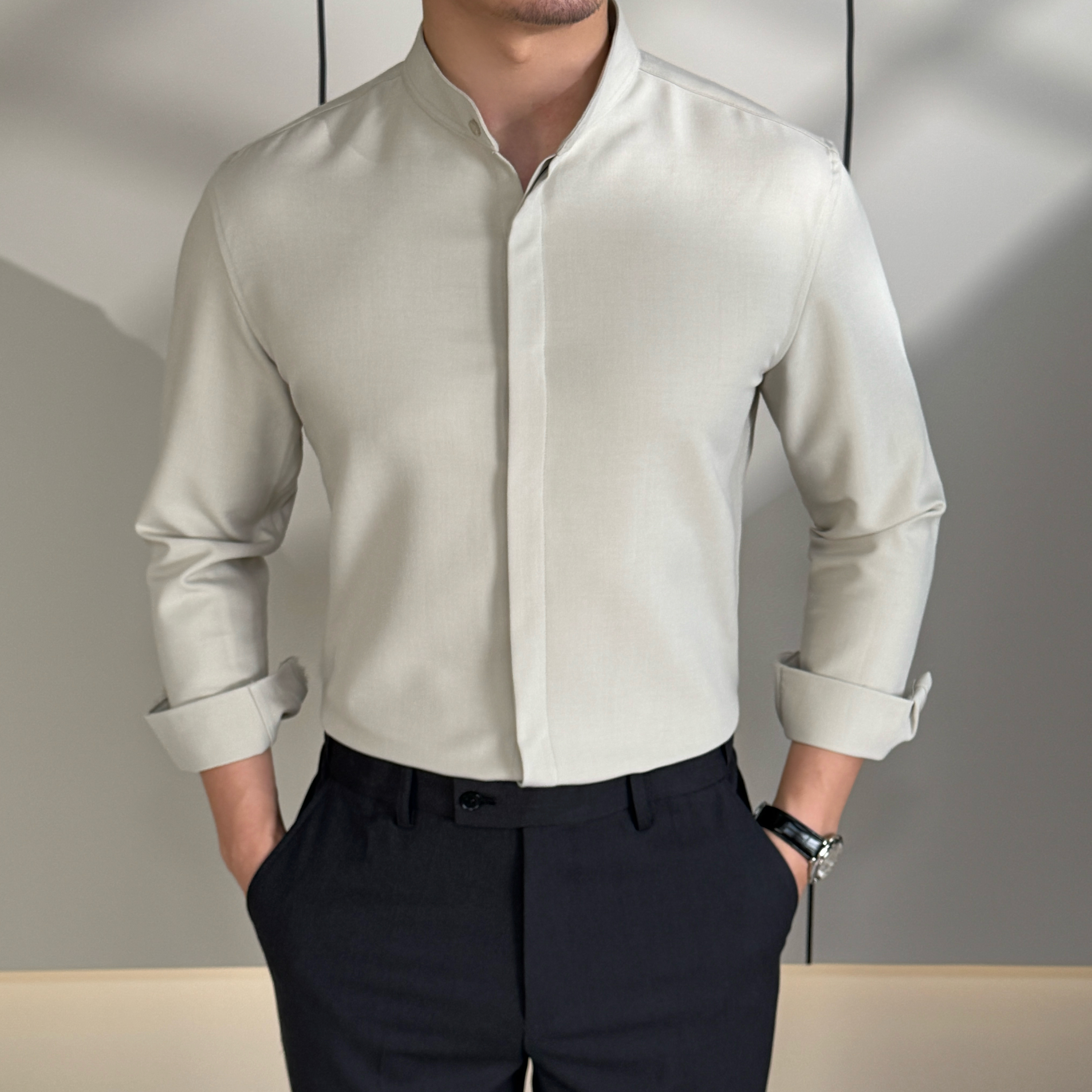 男士秋季商务休闲羊毛翻领立领高品质修身纯色高级感修身长袖衬衫