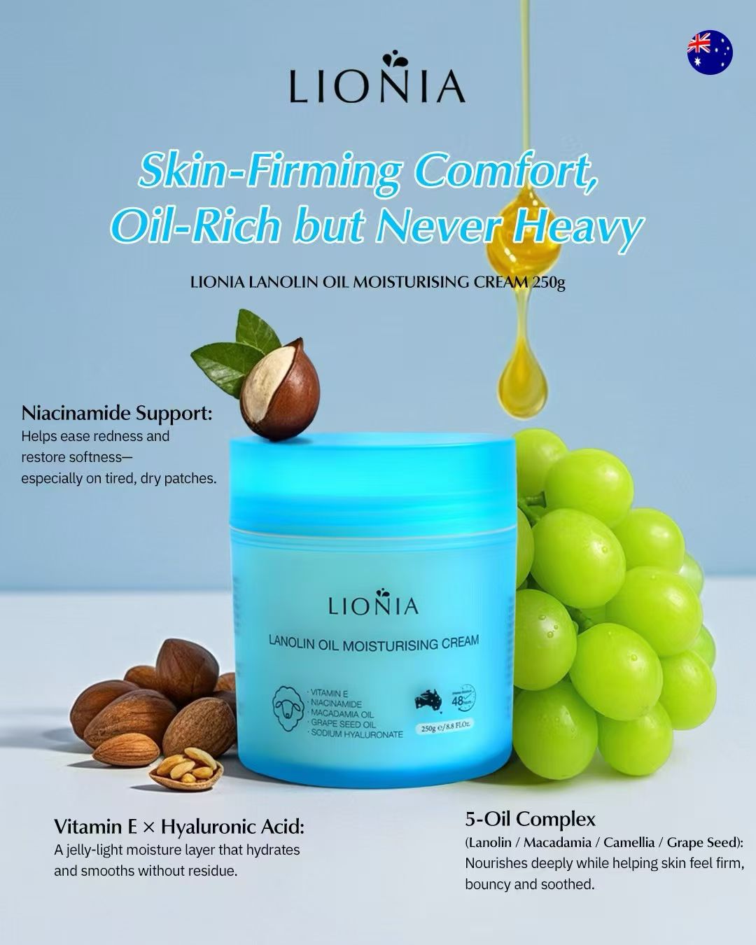 澳洲LIONIA莲妮娜烟酰胺绵羊油紧致霜保湿面霜补水滋润维e250g