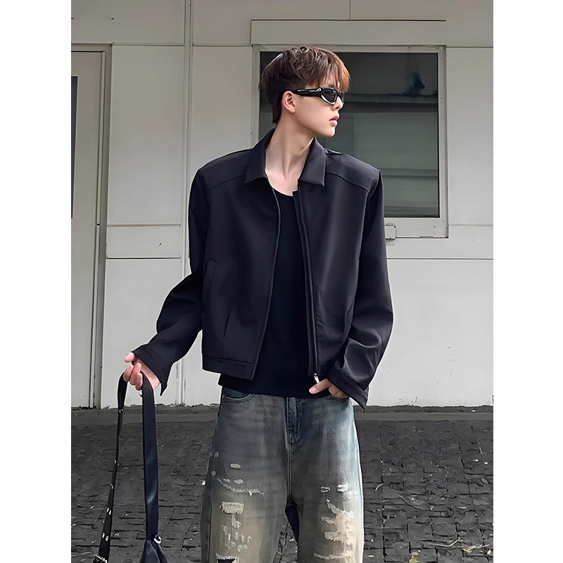 美式cleanfit黑色短款外套男士高级感痞帅垫肩行政夹克正肩棒球服