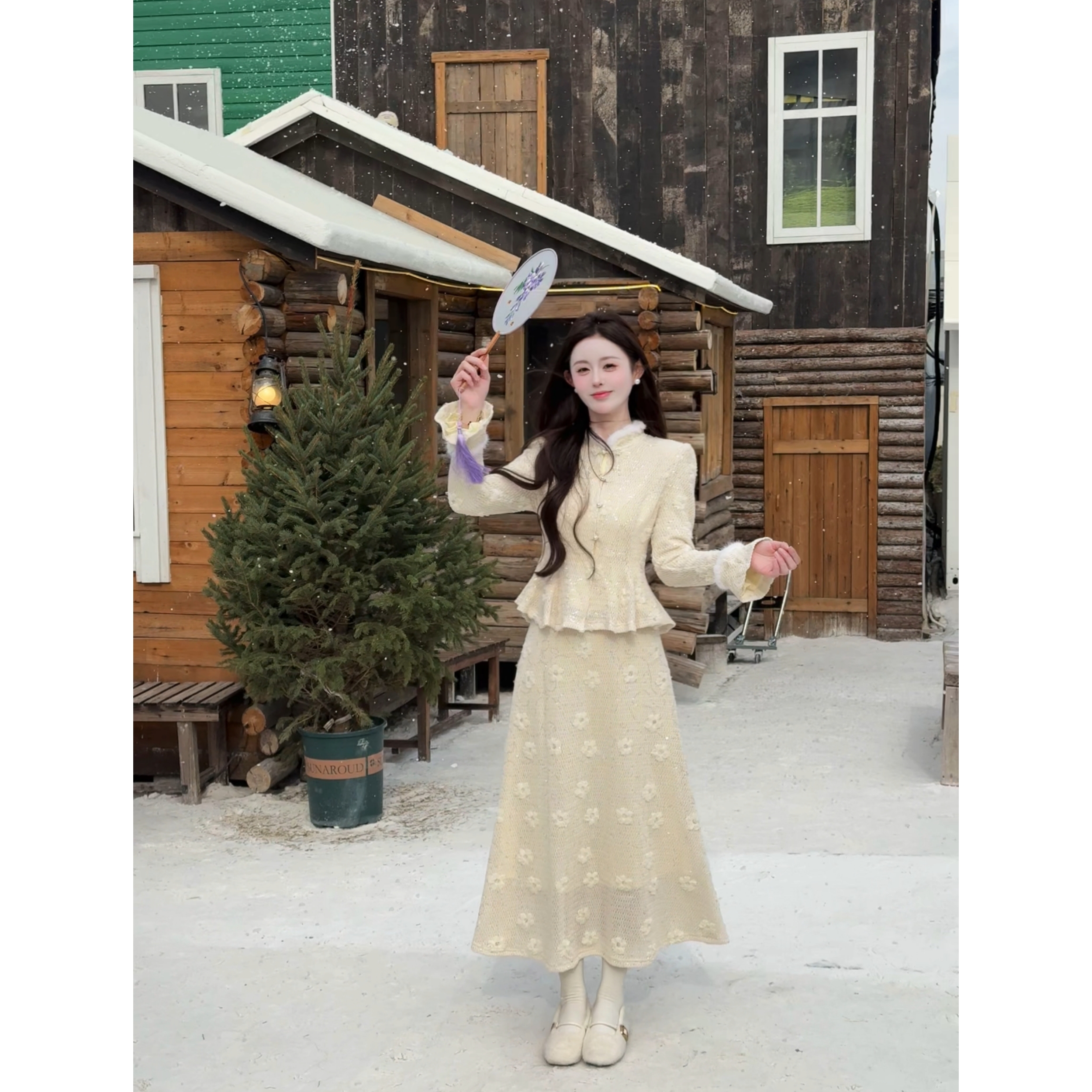 【蒹霞白露】<77>新中式针织浮雕绣拼毛上衣+半裙套装XMZH10387秋冬