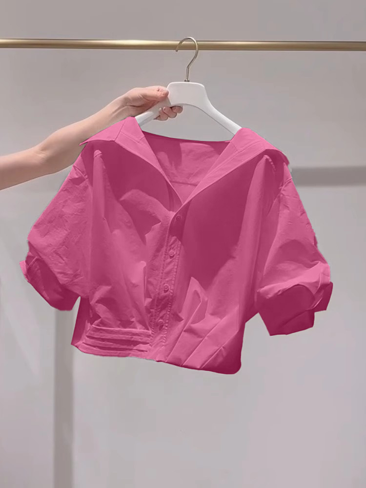 巨法式树莓粉翻领泡泡袖衬衫女夏季爆款洋气宽松多巴胺短款衬衣