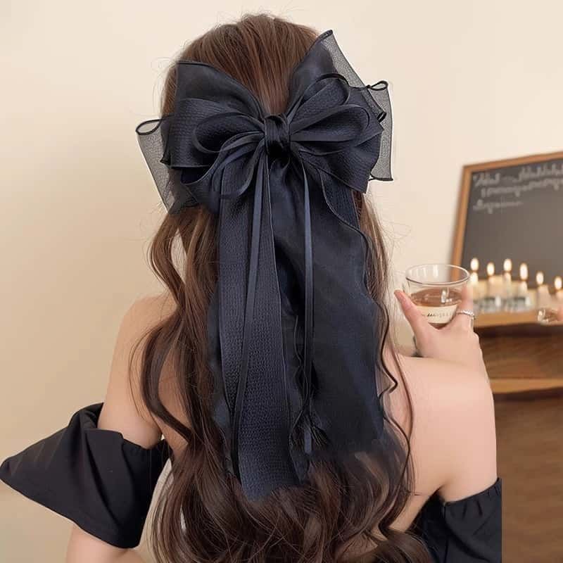 超大茉莉白网纱蝴蝶结飘带发夹女后脑勺2025新款夏日高级感弹簧夹