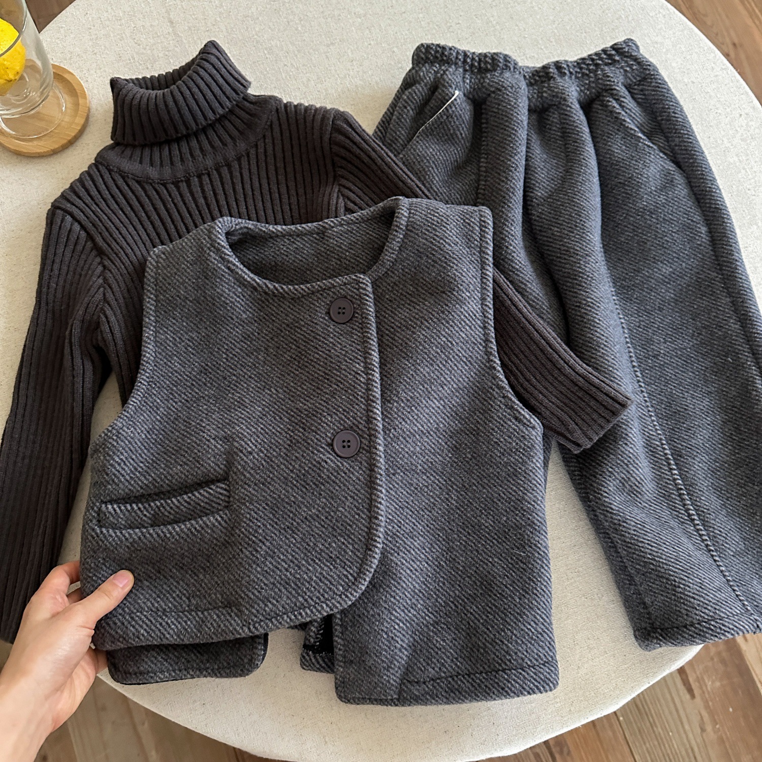 2025秋冬季儿童韩版纯色休闲时尚中性洋气毛呢保暖加厚套装三件套