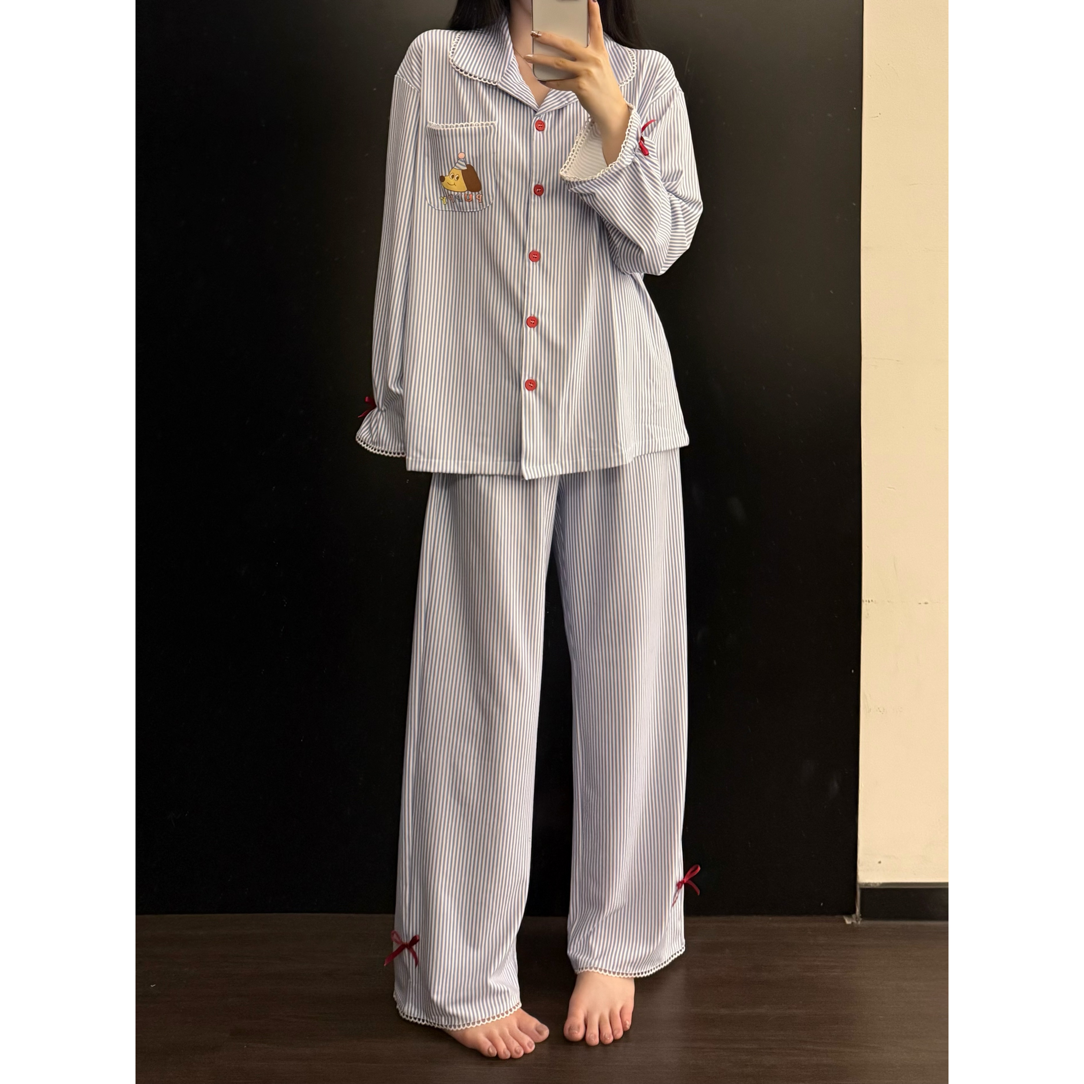 甜美蕾丝边蝴蝶结条纹睡衣女春秋2025新款长袖长裤家居服套装