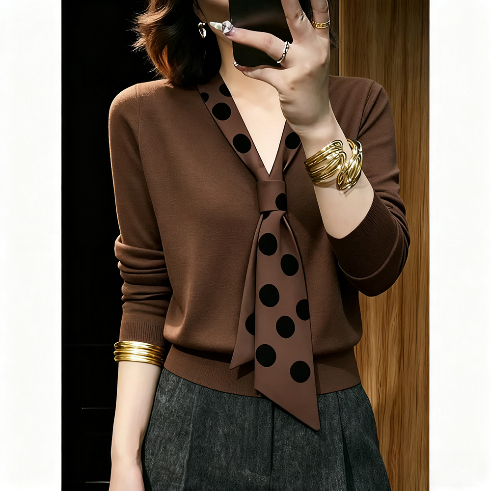 2025秋冬新款飘带领咖色针织衫女士高级感修身显瘦打底衫波点上衣