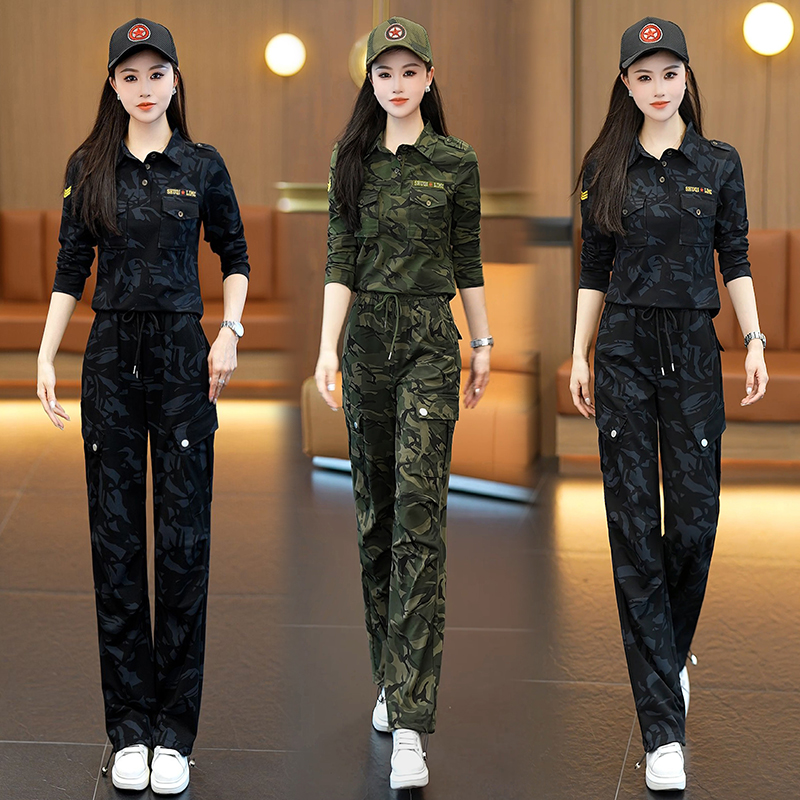 长袖迷彩服套装女春秋季新款宽松显瘦大码水兵舞服装T恤配工装裤