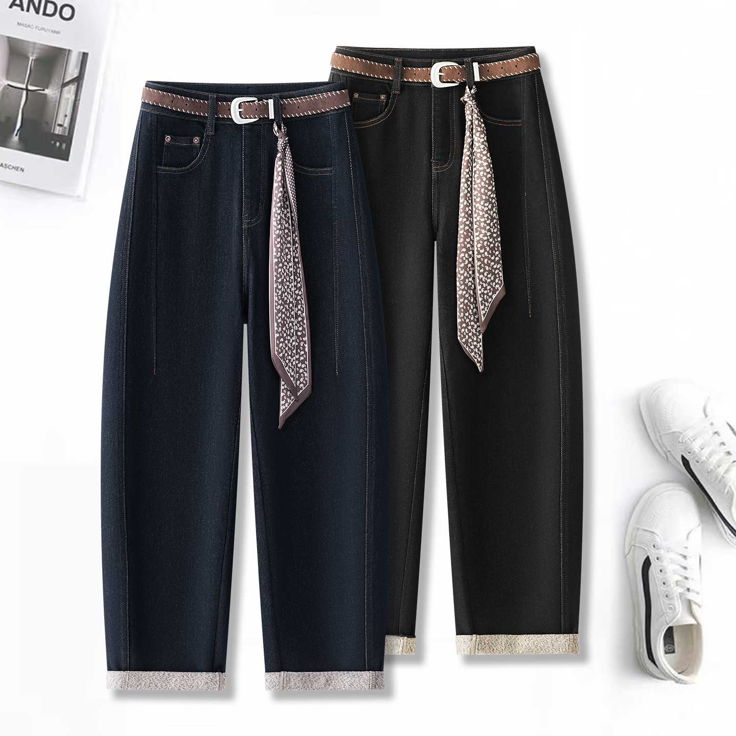 加绒2025秋季新款休闲九分牛仔弯刀裤女高腰宽松显瘦水洗气球裤子