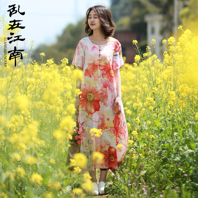 乱在江南民族风印花连衣裙短袖夏装新款宽松女装舒适柔软气质飘逸