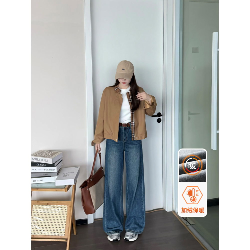 missrococo/洛可可小姐冬季新款加绒百搭中高腰窄版阔腿牛仔裤女