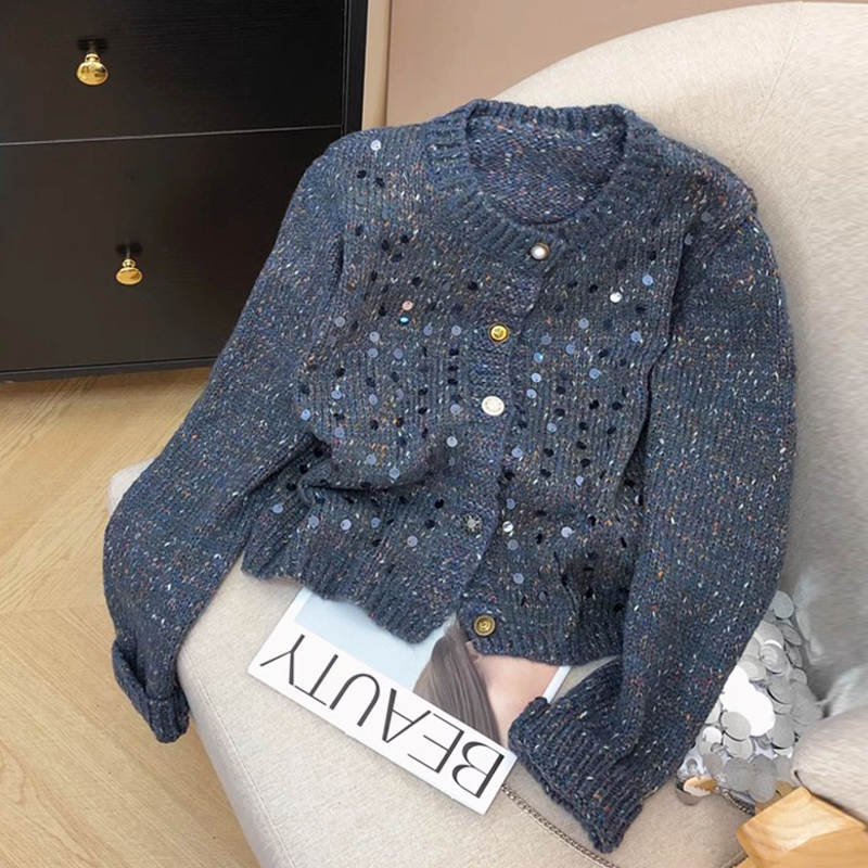 小香风冬季外套女款高级感闪亮亮蓝色毛衣2025新款时髦短款针织衫