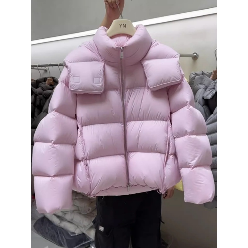 韩系超好看粉色短款棉服女冬季2025新款小个子连帽面包服厚外套