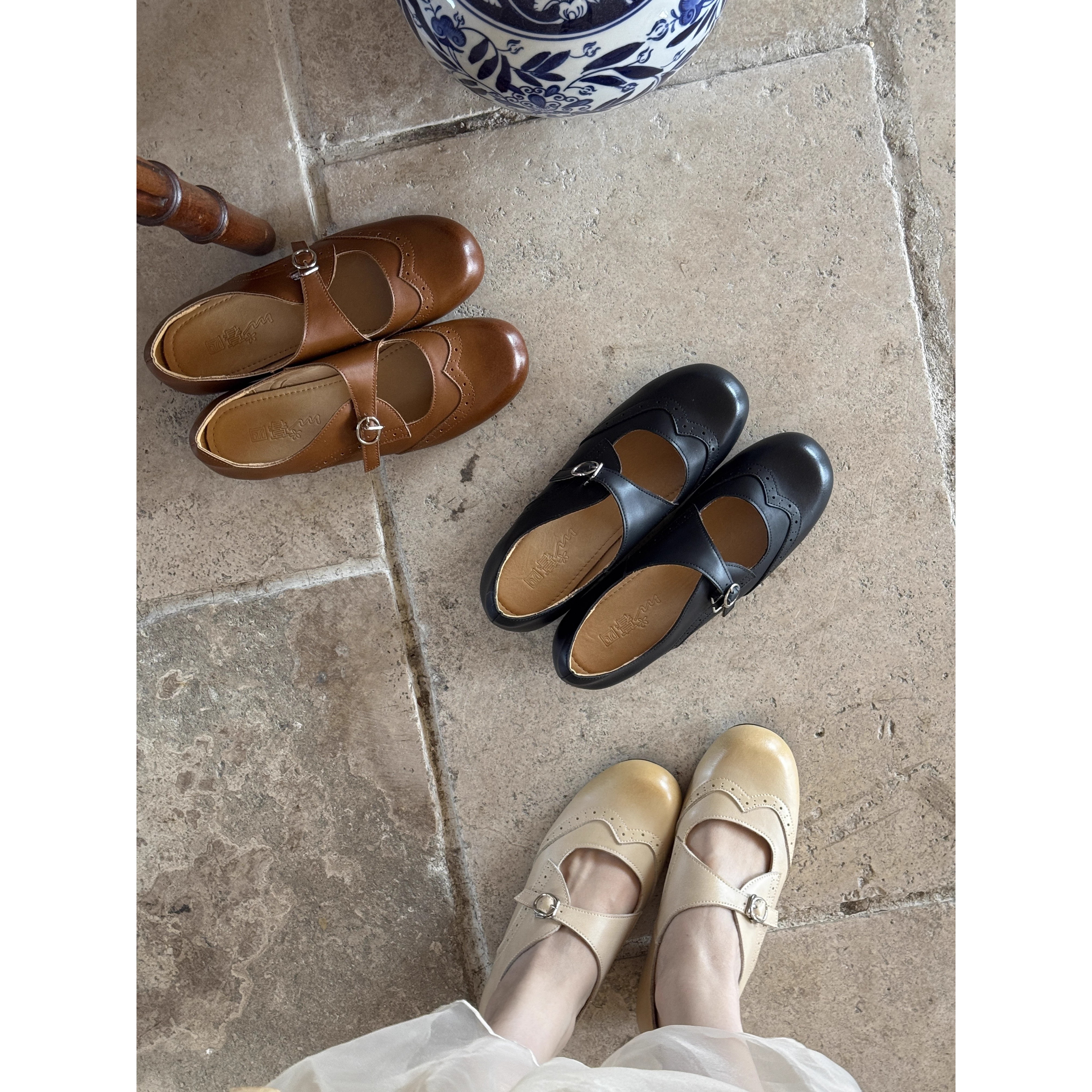 新品小牛皮~圆头单鞋擦色复古浅口小粗跟新中式玛丽珍小皮鞋